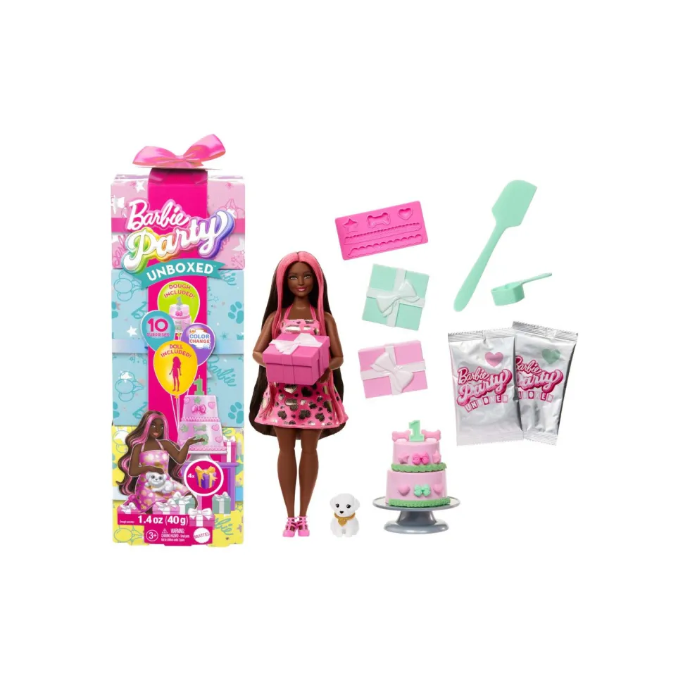 Barbie Party Unboxed Muñeca Roja con 10 Sorpresas