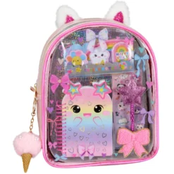 Mochila Transparente Infantil con Set de Papelería Kawaii y Brillantina