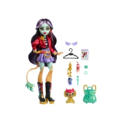 Monster High Jinafire Long Muñeca, Chica Dragón con Perrito Mascota Cloudy Yun Yun y 7 Accesorios