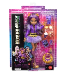 Monster High Muñeca Clawdeen Wolf con Falda de Pelo, Mascota Crescent y 7 Accesorios