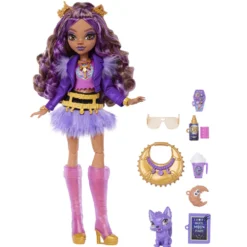 Monster High Muñeca Clawdeen Wolf con Falda de Pelo, Mascota Crescent y 7 Accesorios