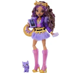 Monster High Muñeca Clawdeen Wolf con Falda de Pelo, Mascota Crescent y 7 Accesorios