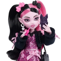 Monster High Muñeca Draculaura con Vestido con Lazos, Murciélago Mascota Count Fabulous y 7 Accesorios