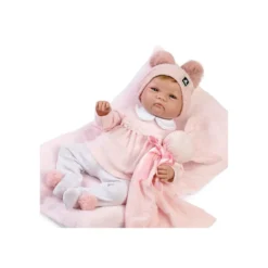 Muñecas Guca Bebé Reborn Alba Pelo Natural con Polaina Blancca y Jersey de Lana Rosa con Dudú y Cojín
