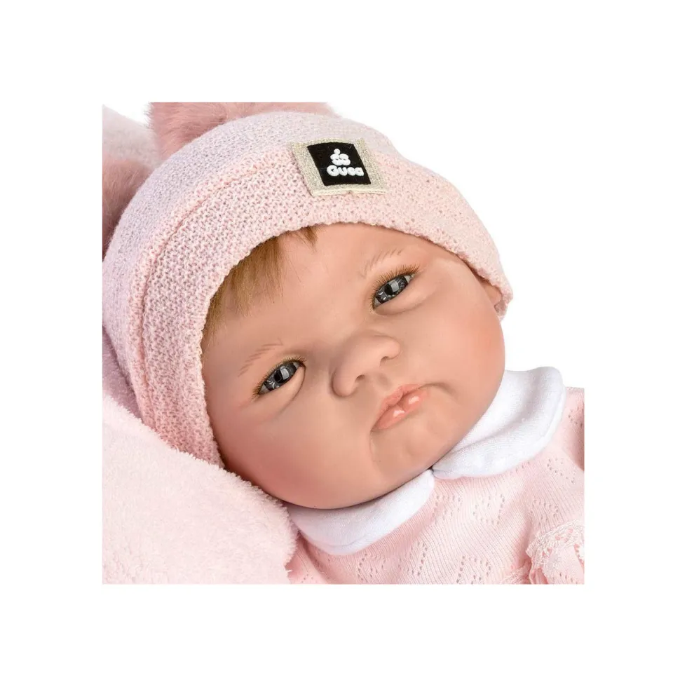 Muñecas Guca Bebé Reborn Alba Pelo Natural con Polaina Blancca y Jersey de Lana Rosa con Dudú y Cojín
