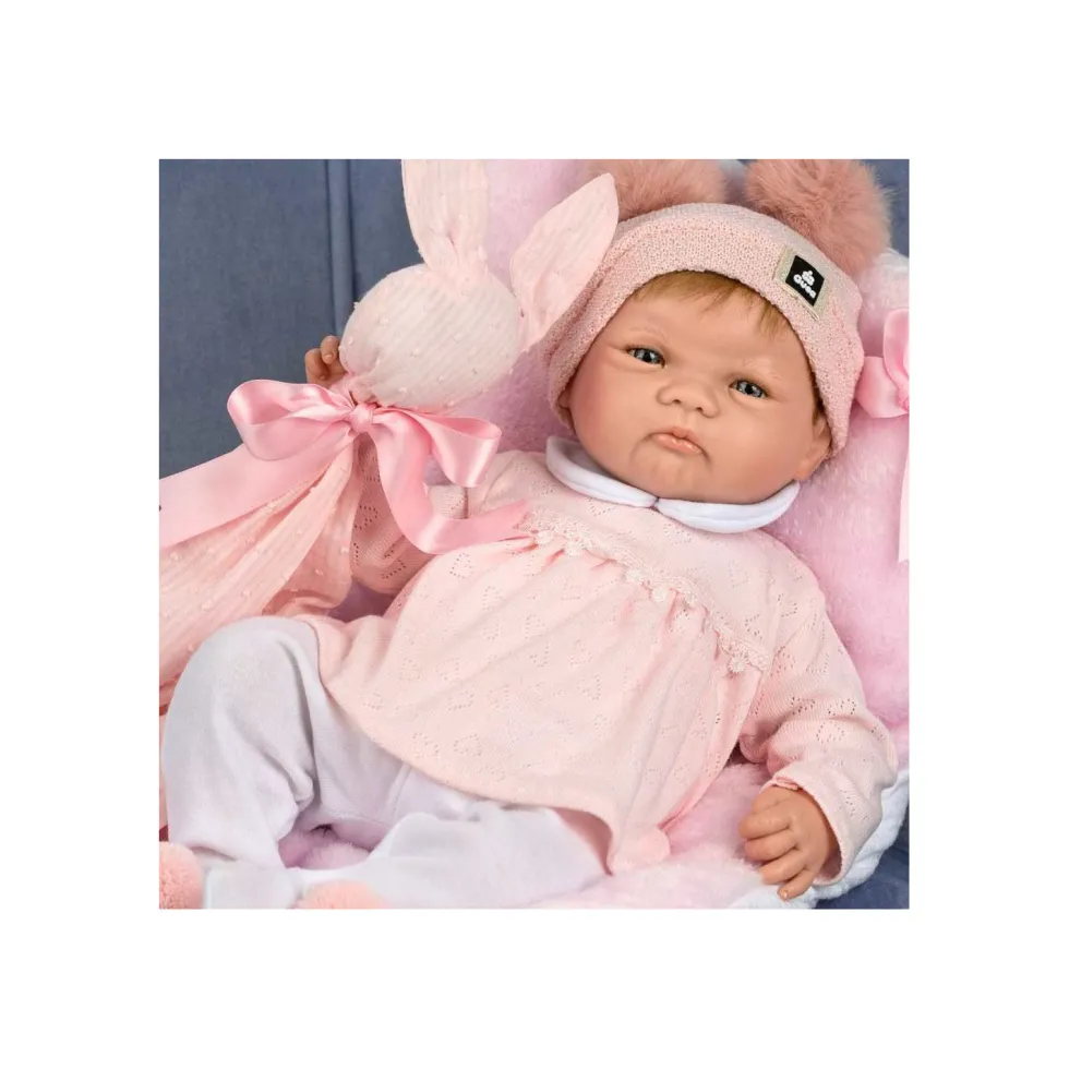 Muñecas Guca Bebé Reborn Alba Pelo Natural con Polaina Blancca y Jersey de Lana Rosa con Dudú y Cojín