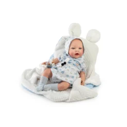 Muñecas Guca Bebé Reborn Alexis con Pelele Blanco y Azul, Capota, Calcetines y Mantita
